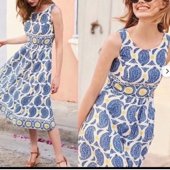 BODEN LIZZIE COTTON PREPPY PAISLEY BLUE & YELLOW SLEEVELESS MIDI DRESS SIZE 2 - Picture 2 of 15